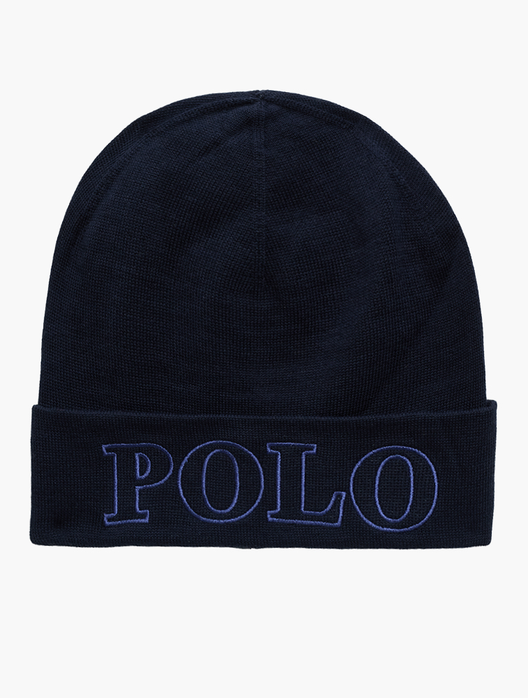 MyRunway | Shop Polo Navy Embroidered Cuffed Beanie for Men from